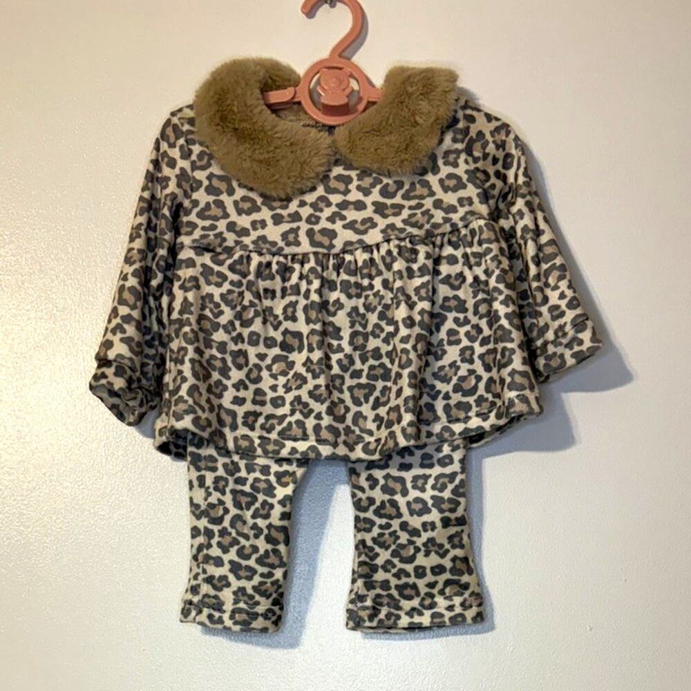 Chick Pea Girls 9-12M 2pc Leopard Print Knit Top & Pants Set Faux Fur Collar